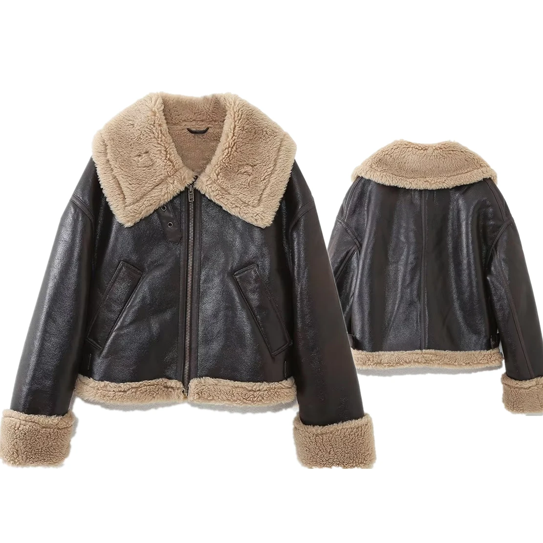 

Jenny&Dave Black Brown Faux Fur Coat Women Winter American Retro Motorcycle Leather Jacket