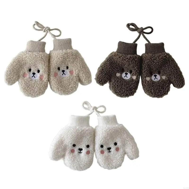 1 Pair Baby Thermal Gloves Integrated Safety Neck Strap Soft Fleece Lined Full Finger Mittens For 1-4 Year Old Kids