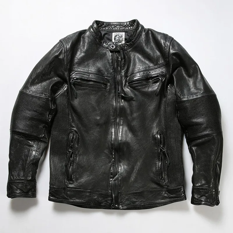 Casual washed pleated vegetable-tanned cotton leather men's multi-pocket stand-up collar motorcycle suit real