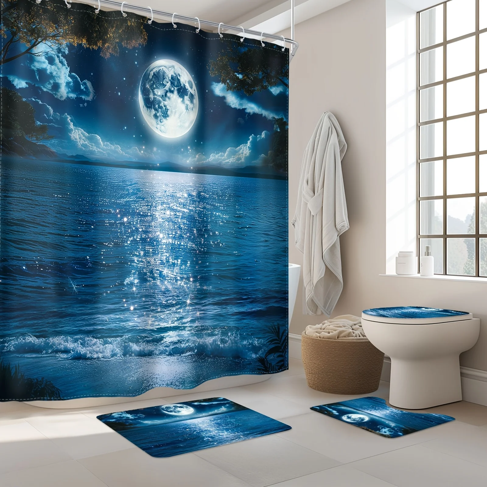 

Mystic Moonlit Ocean Bathroom Four-Piece Set - Nature Inspired Waterproof Shower Curtain for a Complete Bathroom Set
