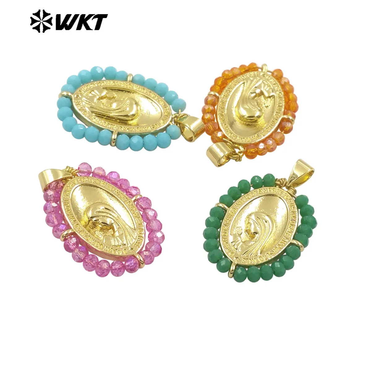 WT-MP305 Amazing Beautiful Spring Color Crystal Beads Handmade Wire Wrapped 18k Gold Medal Jewelry Pendants 10pcs