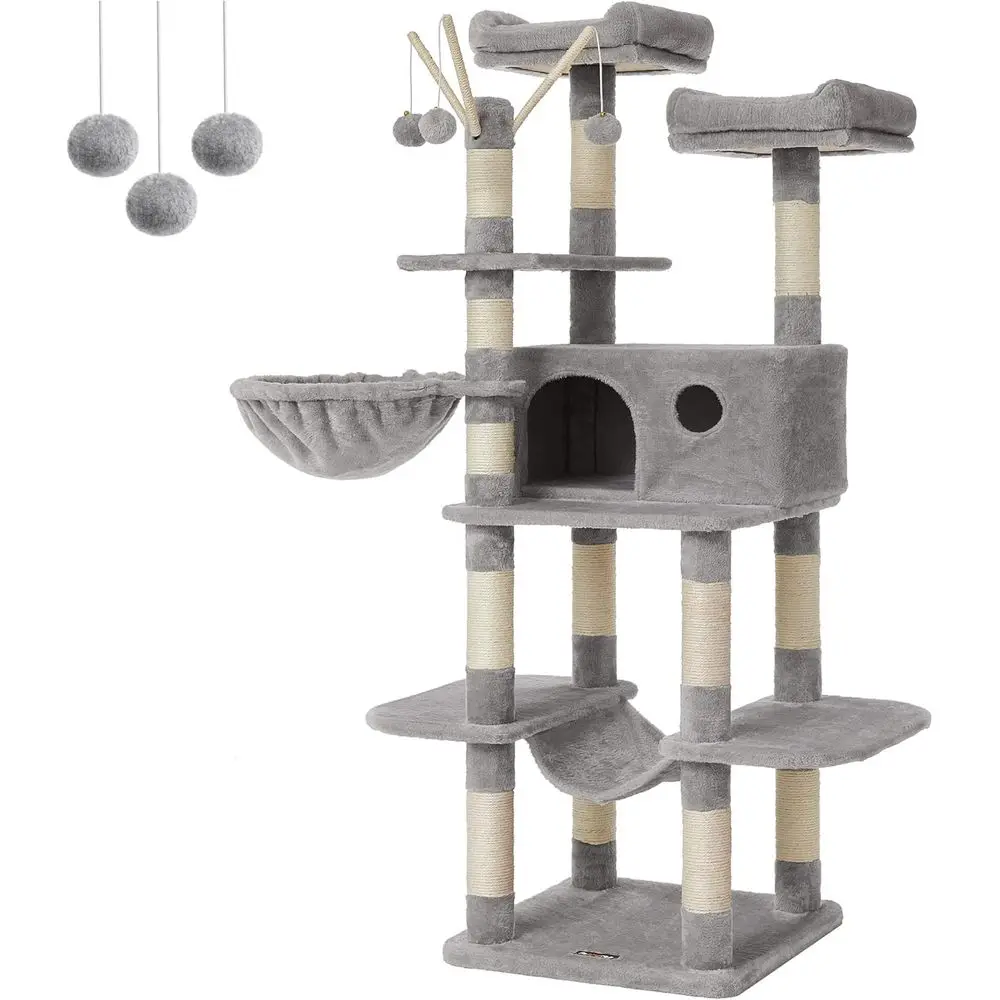 

Large 64.6 Cat Tower with Hammock, Basket, Removable Ur Ball Sticks, and Cat Condo in Light Gray