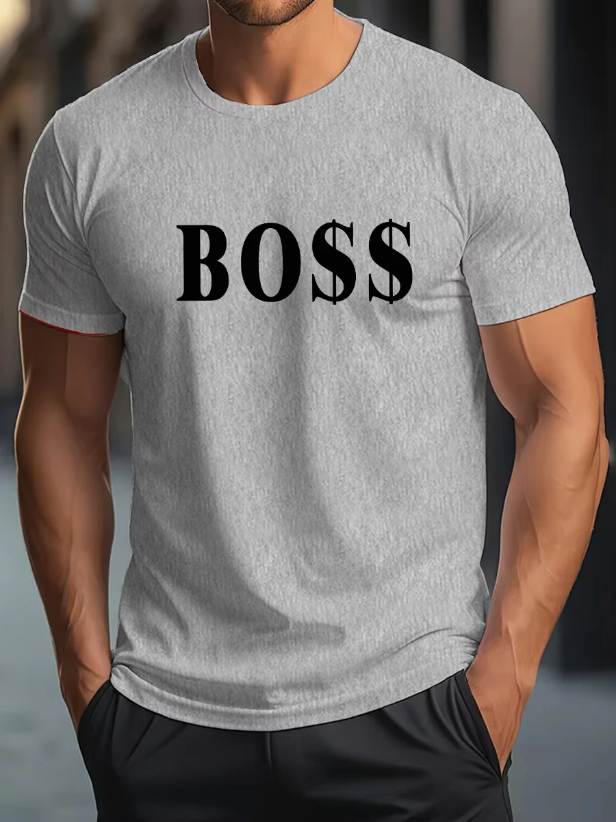 تي شيرت رجالي صيفي 100% من القطن الخالص لعام 2025 مع مطبوعات حروف BOSS، بلوزة عصرية، كاجوال بأكمام قصيرة