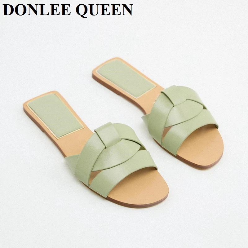 New Fashion Weave Slippers Women Square Toe Flat Casual Shoes Brand Slide 2024 Summer Flip Flops Black Gold Sliver Beach Sandals