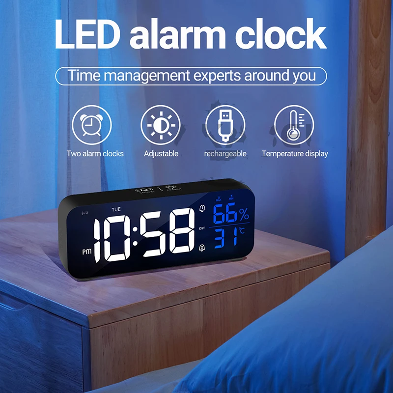 LED Digital Music Alarm Clock Mirror Voice Control Snooze Temperature Humidity Meter Electronic Desktop Table Clocks USB Charger