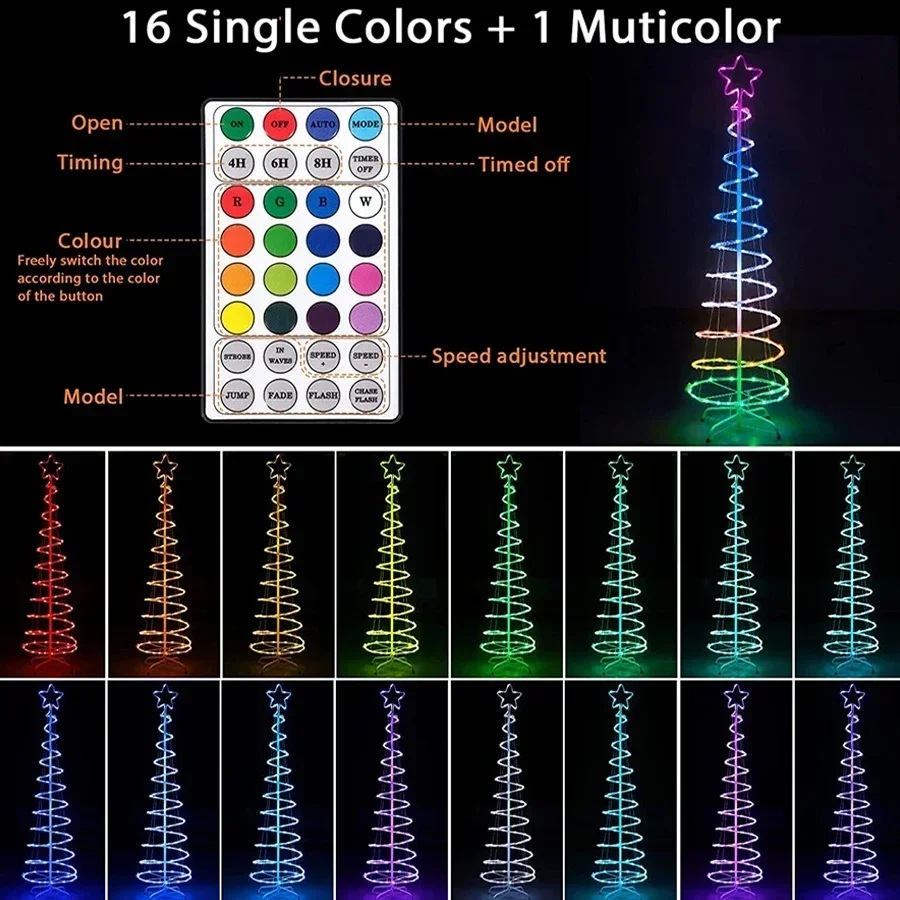 RGB Mudando Espiral Christmas Tree Lights, Topper Star, Guirlanda Luz, Decoração ao ar livre, 1,8 m