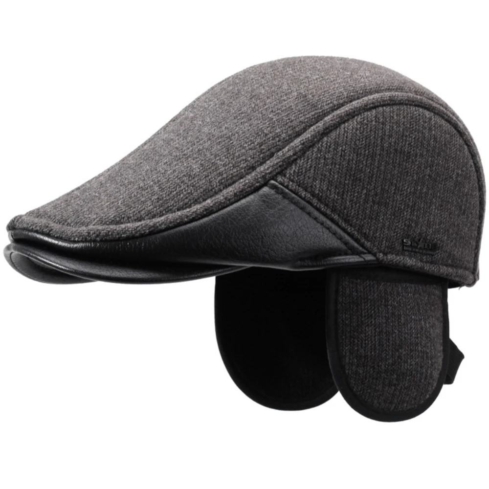 HT4843 Thick Warm Men Winter Hat Earflap Cap Retro Wool Beret Hat Dad Father Ivy Flat Cap Grandfather Male Adjustable Beret Cap