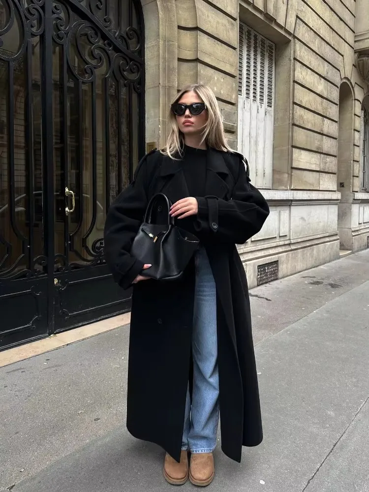

Elegant With Belt Black Long Coat For Women Oversize Woolen Double Button Lapel Overcoat Autumn New Lady High Street Outerwear