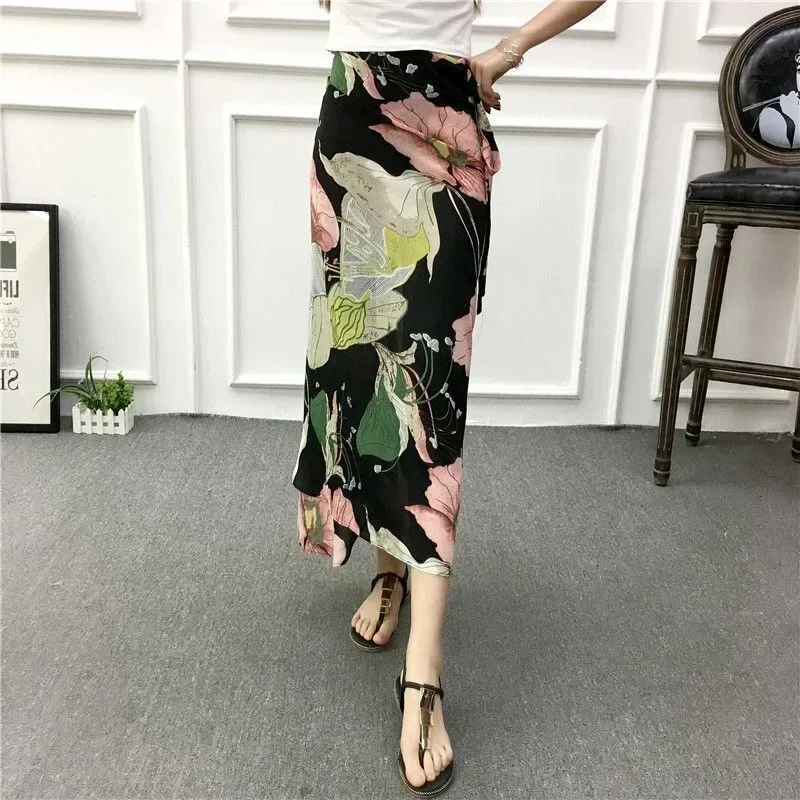 여성용 하이웨이스트 원피스 랩 스커트 비치 드레스 보헤미안 스타일 쉬폰 언밸런스 밑단 스플릿 프린트 허리끈 여름 디자인