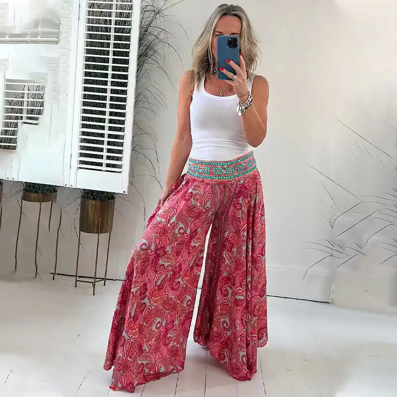 Women Half Skirt Ethnic Paisley Print Elastic Patchwork Waist Lightweight Pants Loose Hem Casual Vacation Skirt for Women