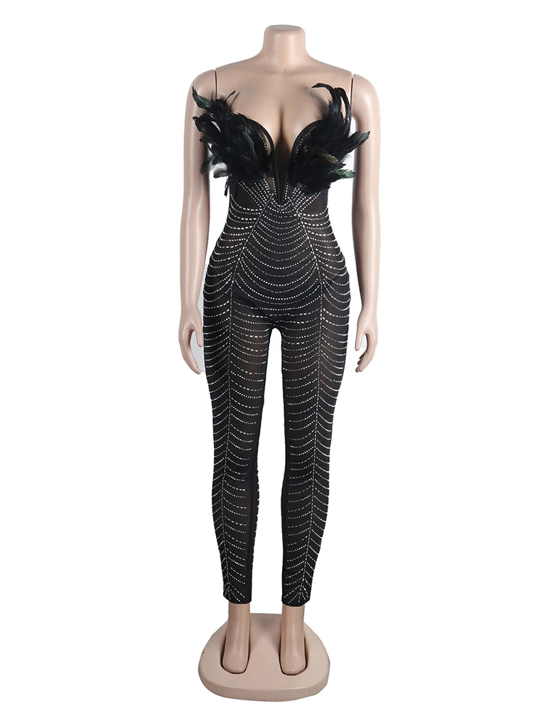 Weird Puss Feather Strapless Jumpsuit for Women, Rotterdam Kle bal inestones, One Piece Body-Sailing, Rave Party, Pole Stage Performance Wear