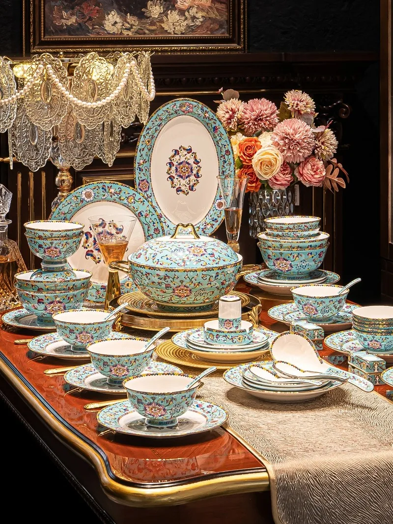 Enamel color high-end tableware set, dish set, light luxury new Chinese-style dishes, household housewarming gifts
