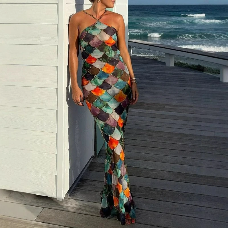 

2026 Summer New Fashion Style Elegant and Sexy Style Printed Sleeveless Hanging Neck Color Blocked Long Skirt Women's Clothing