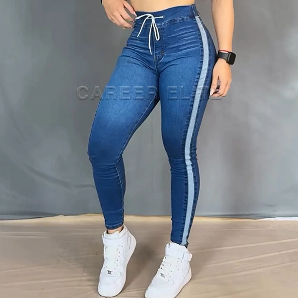 

Slim Fit Jeans for Women Fashion Elastic Blue Pencil Pants Lace up Decoration Trouser Legging High Waist Casual Denim Pants