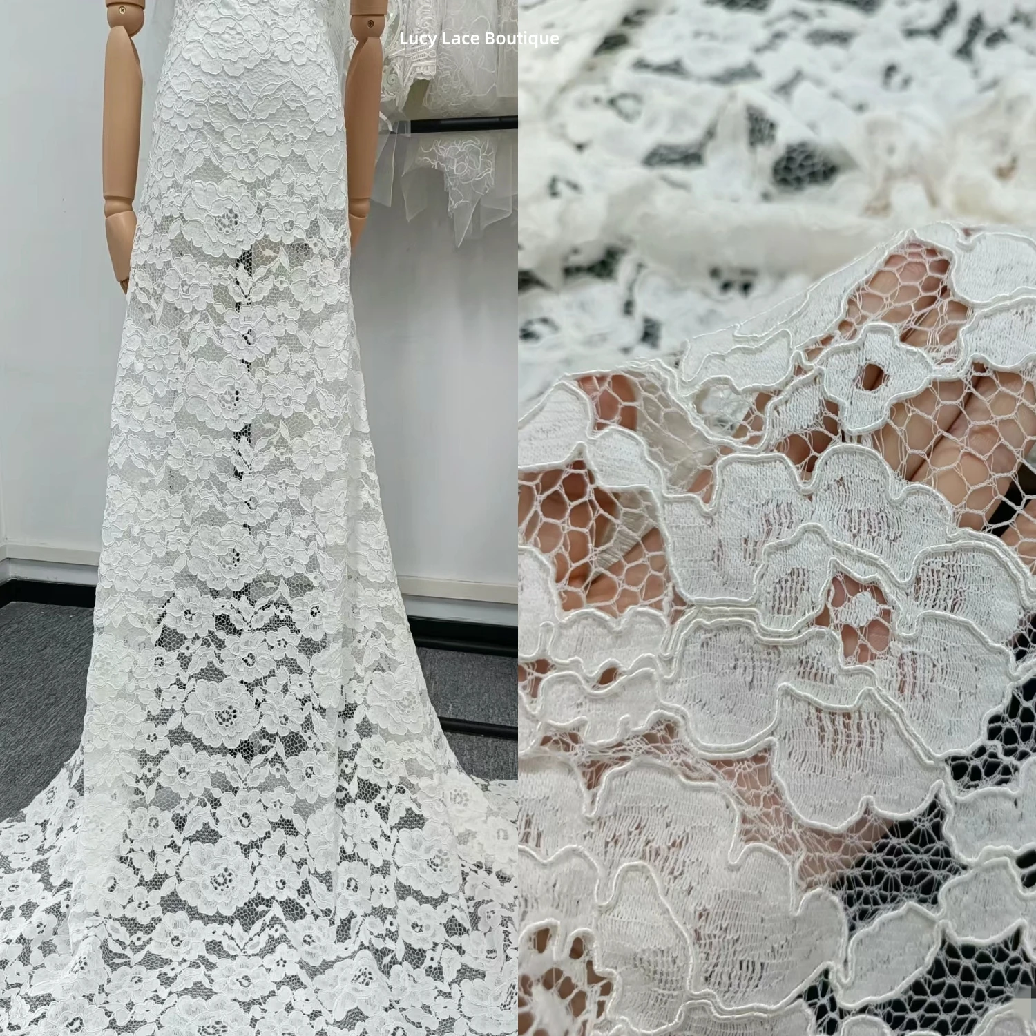 

Heavy Quality Nylon 145CM Wide Allover Florals Cord Lace Fabric Off White Couture Lace 1Yard 91CM Price SOFT