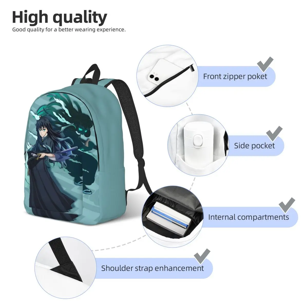 Mist Hashira Muichiro Tokito Zaino Casual Studente Escursionismo Viaggio Zaino Anime Demon Slayer Borse di tela per laptop Leggero