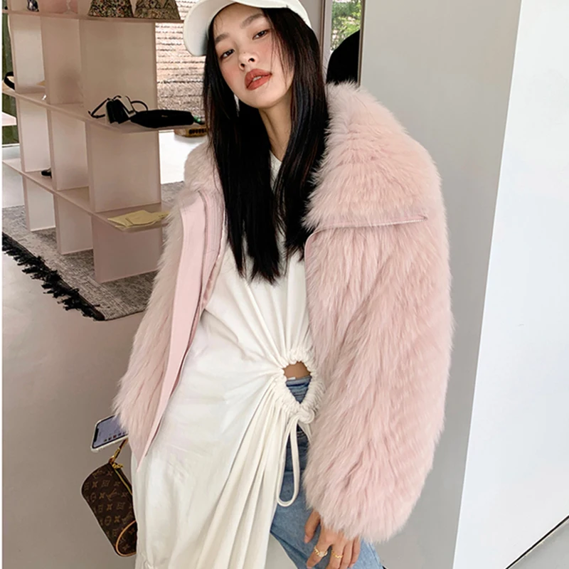 Imported Fox Fur Women's Coat Winter Short Casual Large Lapel Full Pelt Outerwear Fashion Solid Batwing Sleeve Real Fur Jac