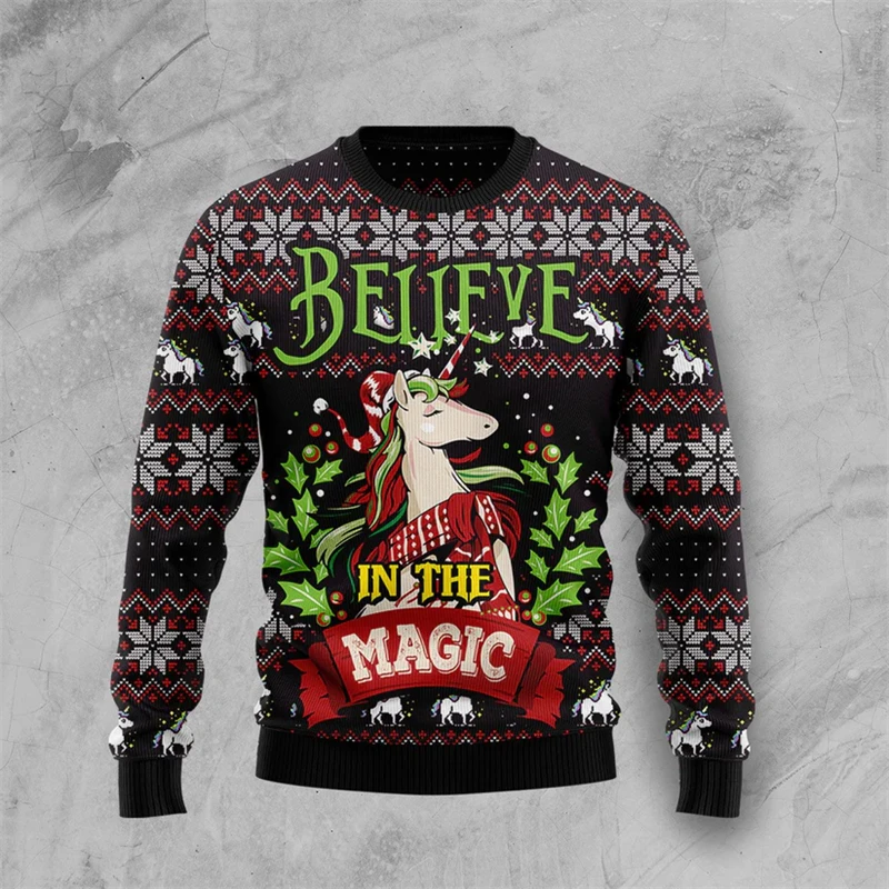 2026 New Unicorn Graphic Unisex Ugly Christmas Sweater Fashion Autumn Holiday 3D Printed Xmas Sweatshirts Casual Loose Pullovers