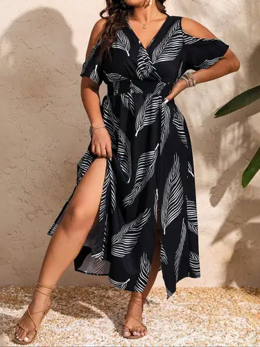 Vestido cruzado de talla grande con hombros descubiertos y dobladillo dividido, trajes de verano 2024, vestido elegante informal de moda para verano, mujer Plus Cl