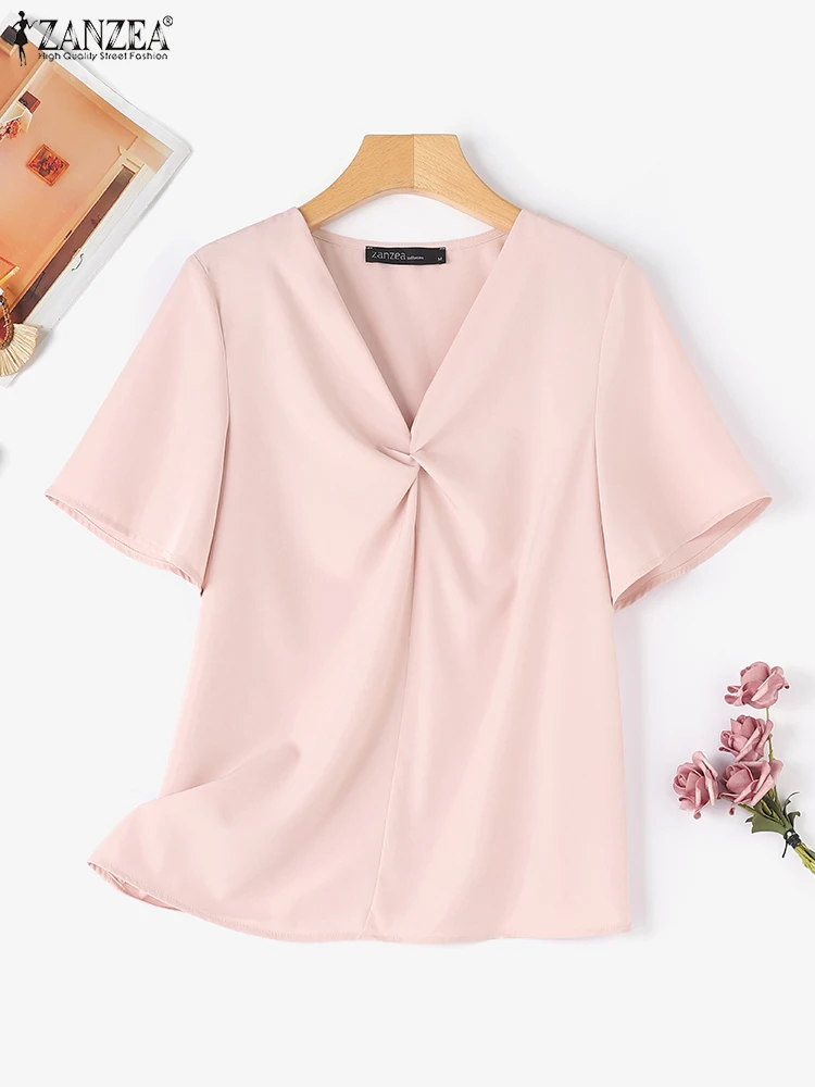 ZANZEA-Blusa holgada Coreana de Chifón con cuello en V para mujer, camiseta de manga corta para oficina, elegante, color liso, 2024