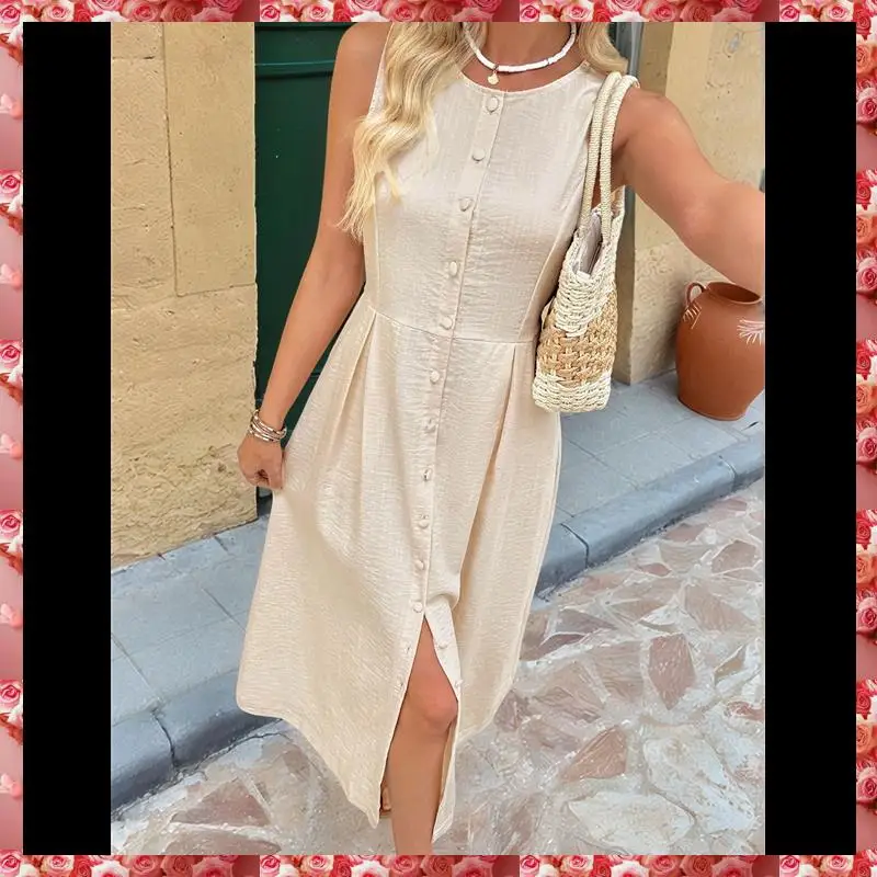 Vestido boho con botones y sin mangas de color sólido con cuello redondo para mujer