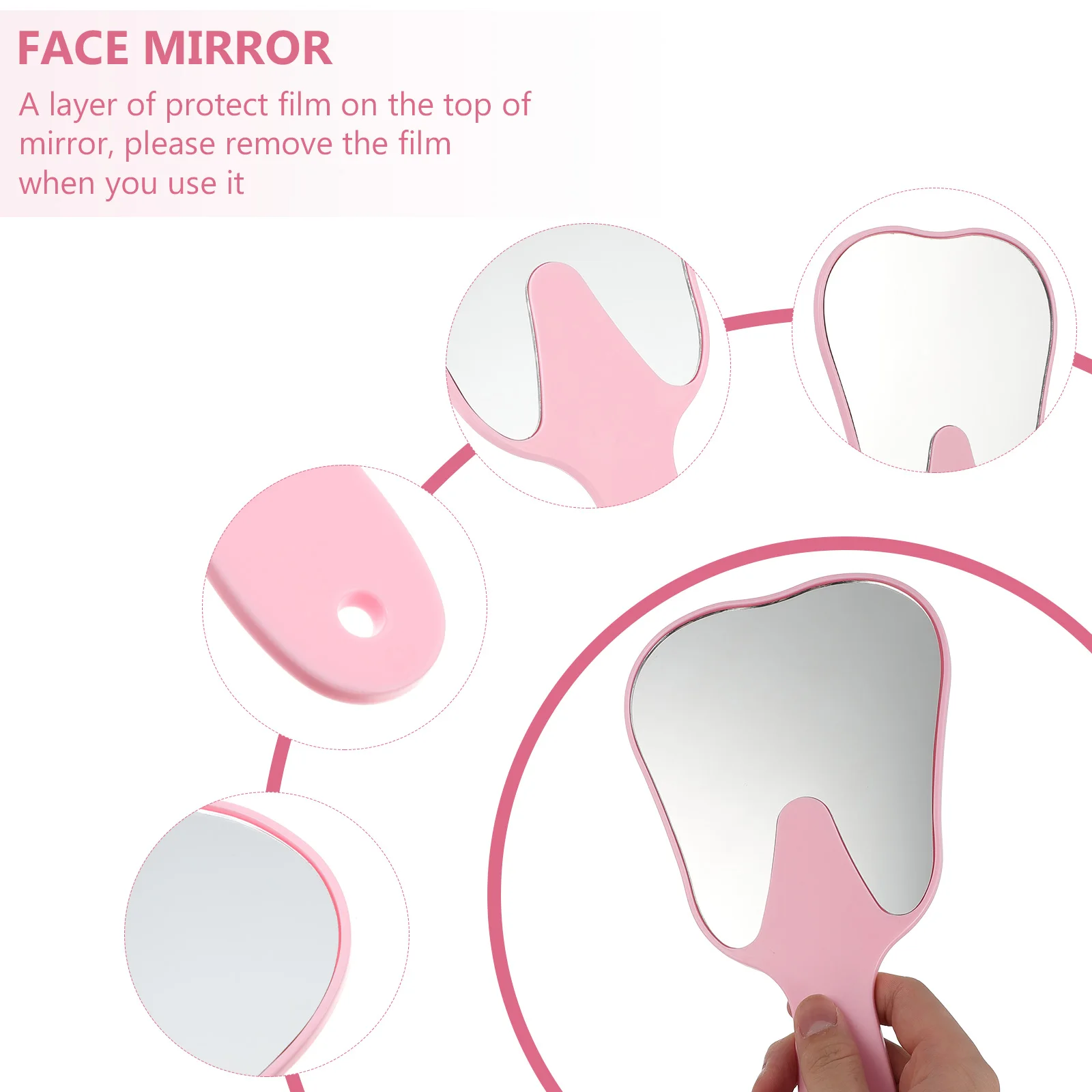 

Teeth Shaped Mirror Professional Oral Care Mirror with Protective Film Easy Grip Handle for Dentist Office Bathroom Use Pink