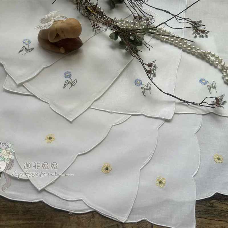 12PCS White Cotton Machine Embroidered Small Square Handkerchief