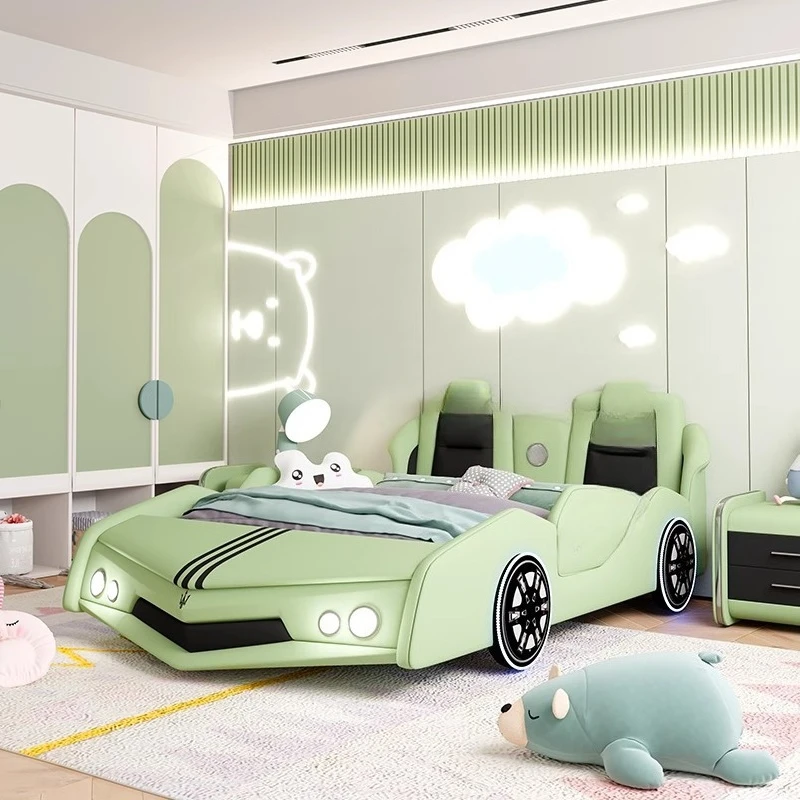 سرير سيارة من الخشب الصلب للأطفال للأولاد مفرد 1.5 تخزين إبداعي للأولاد مع سرير سيارة رياضي للفتيات الكرتونية
