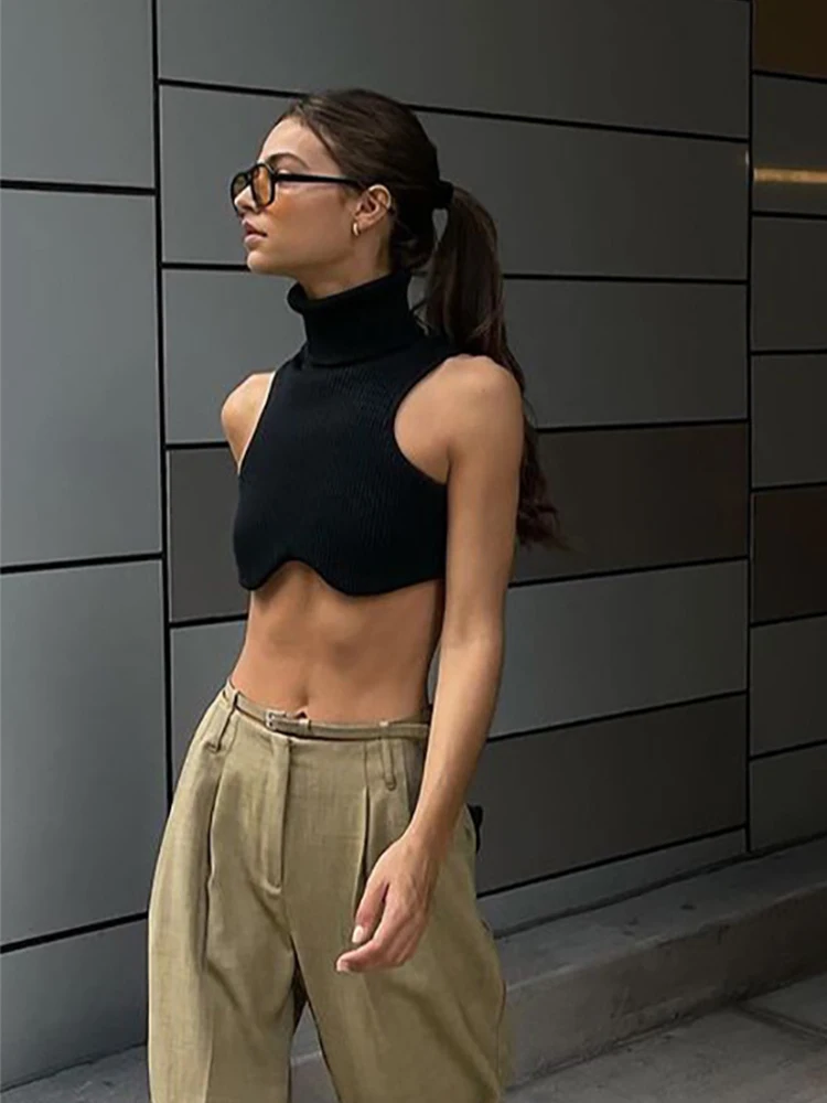 Women's Black Knitted Turtleneck Crop Top, Skinny, Elasticity, Sexy, Irregular, Fashion, Club, Streetwear, Y2k