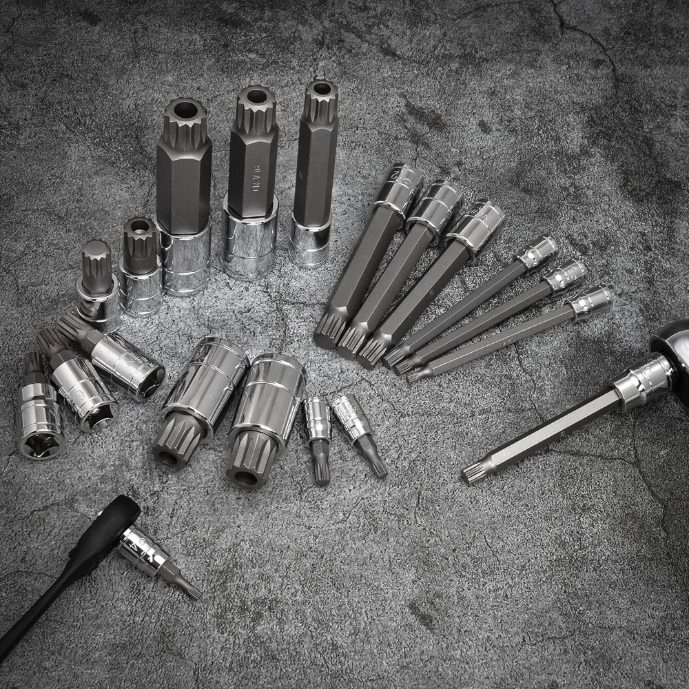 Juego de 20 piezas de casquillos extra largos de 4 estriados, 4 mm a 18 mm, puntas de accionamiento cuadradas a prueba de manipulaciones de 12 puntos