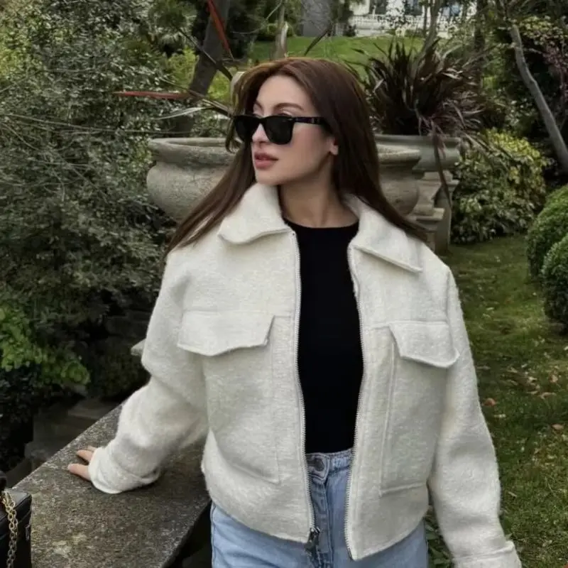 

European and American Style Fashion Lapel Women's Solid Color Short Jacket with Zipper Loose Casual Coat Female Clothing