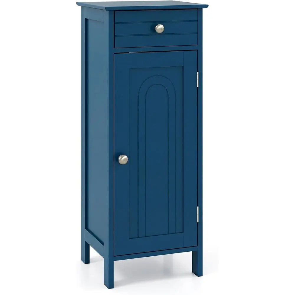 

Narrow Blue Wooden Single Door Cabinet with Drawer and 2 Adjustable Shelves for Small Spaces Storage