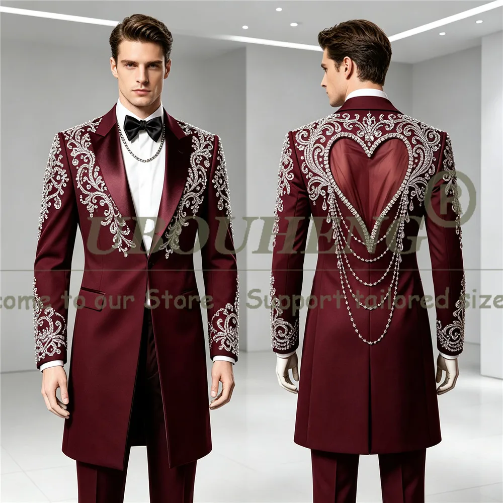 Handmade Long Men Suit For Wedding Unique Design Illusion Tulle Back Prom Blazer Beaded Stones Jacket Pants 2 Piece Sets Tuxedo