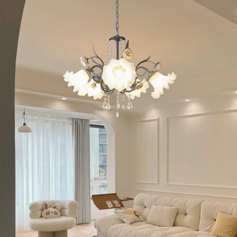 SANDYHA French Pastoral Pendant Lights Flowers Glass Crystal LED Chandelier Warm White Lighting Living Room Bedroom Decor Accent
