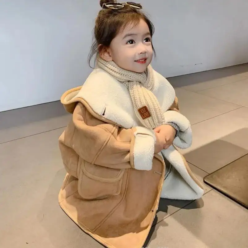 New Girl Velvet Coats Winter Hooded Thicker Lambswool Outerwear Kids Warm Loose Tops Fur In One Long Fur Jacket Ins Wz902