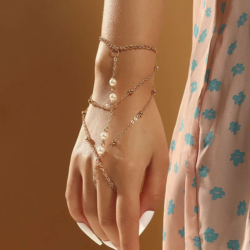 Finger Ring Bracelet Hand Harness Chain Bracelet Boho Tassel Pearl Slave Bracelet Gift Pop Celebrity Hand Accessories Chain Ring