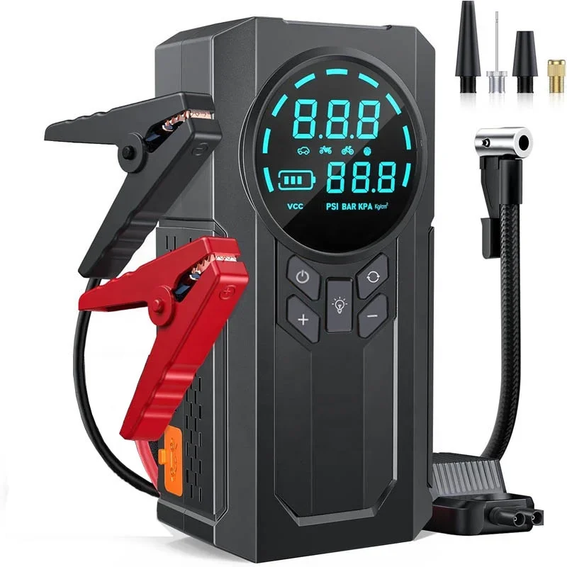 

New 12v Car Air Pump with Emergency Light Emitting Diode Light Portable 8000mAh Jump Starter Battery Tire Inflator