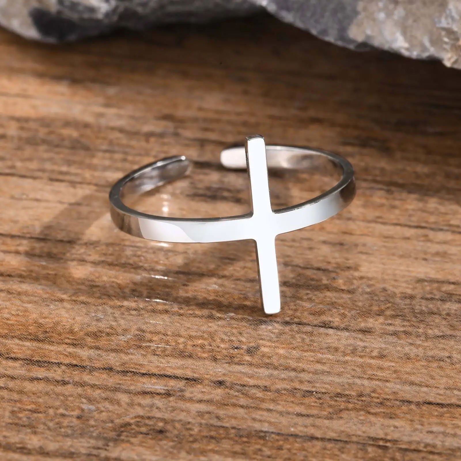 Vnox Personality Cross Rings for Men Women, Never Fade Silver Color Stainless Steel Open Finger Band,Religion Faith Jewelry