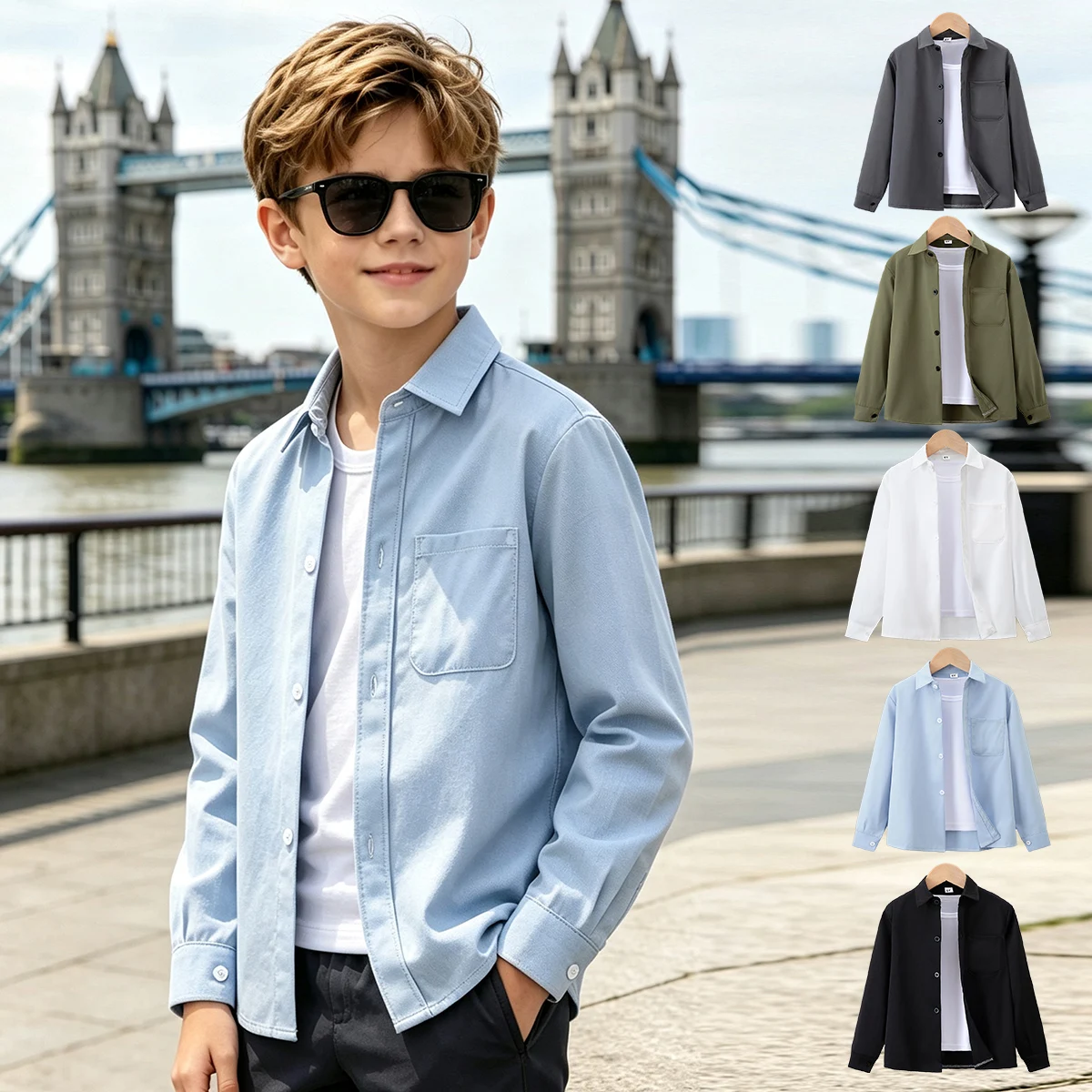 1/2 Children's Summer/Autumn New Solid Color Casual Shirt Boys And Girls' Lapel versatile Long Sleeved Top Fashionable Jacket