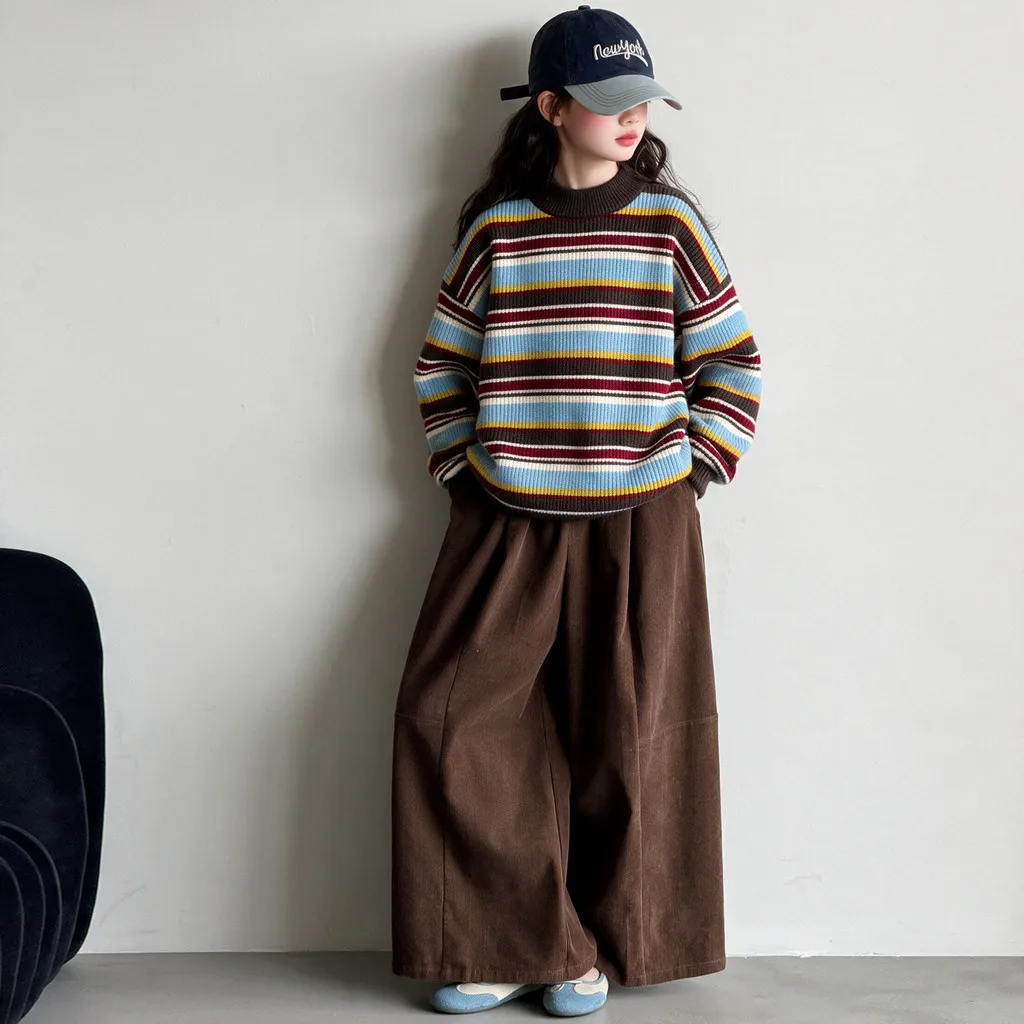 Girls Knit Sweater Colorful Striped Crew Neck Autumn Children Tops 2026 Warm Minimalist