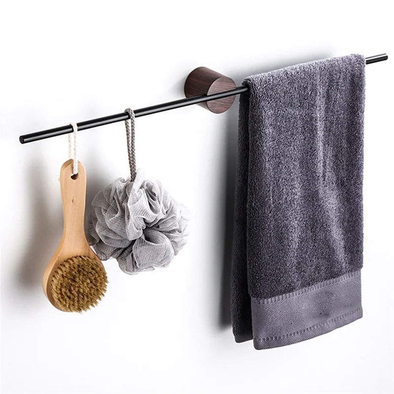 ABLU-Minimalist Walnut Towel Rack Bathroom Towel Holder Sliding Single Pole No Hole Bathroom Solid Wood Bracket