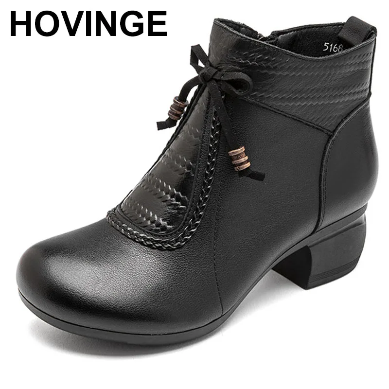 

Genuine Leather Ankle Boots Winter New Ethnic Printed Women's Boots Soft Soles Thick Heels Mother's Leather Boots
