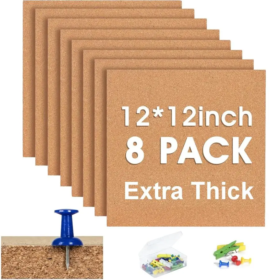 

Cork Bulletin Board Tiles 8Pack Extra Thick 12x12 Inches Cork Board Tiles for Wall for Home Office Decor, Cork Sheet,School Mess