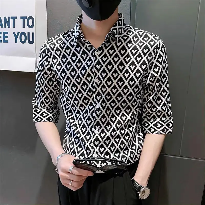 Elegant Fashion Harajuku Slim Fit Male Clothes Casual Sport All Match Shirt Pointed Collar Printed Button Middle Sleeve Blusa