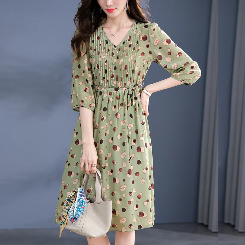 

Chic And Elegant Woman Dress 2024 Spring Summer V-neck Three Quarter Sleeve Women's Print Dress 100% Real Silk Casual Dresses