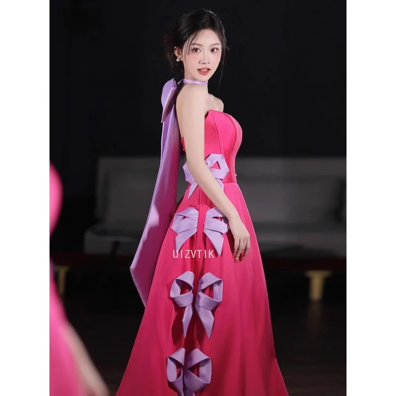 فساتين حفلات الزفاف المسائية من الساتان باللون الأحمر الوردي على شكل حرف a أنيقة للنساء بدون حمالات بفيونكة فستان حفلات خفيف فاخر للمناسبات الرسمية