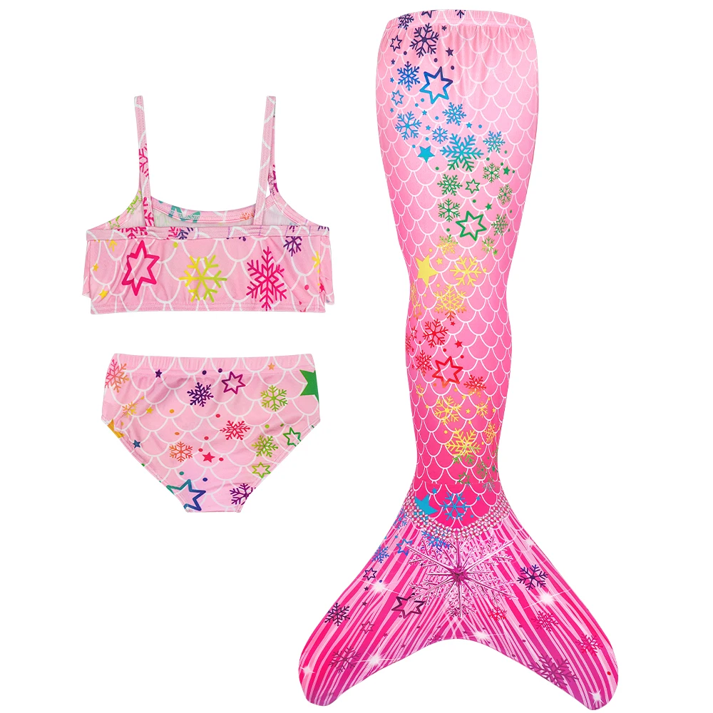 3Pcs Girls Swimsuit Snowflake Designs Mermaid Tails Costume for Swimming Princess Bikini Bathing Suit Set Can Add Monofin