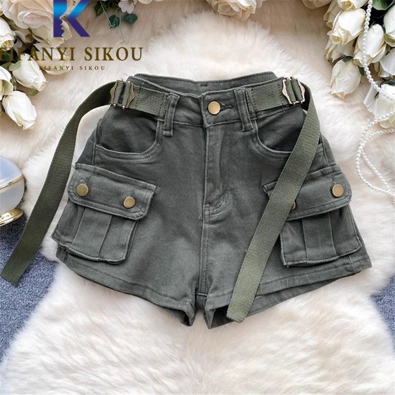 

Summer Jeans Shorts Women Big Pocket Fashion Belt Design High Waist Denim Shorts Female Loose Casual Wide Leg Shorts
