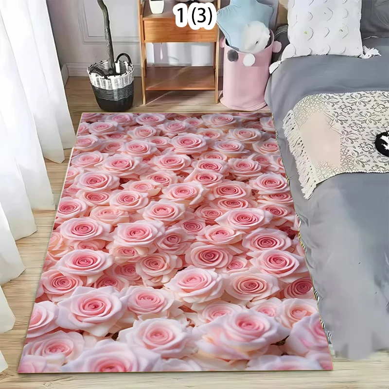 2D Pink Rose Flower Area Rug Romantic Bouquet Floral Living Room Carpet Luxury Lounge Floor Mat Bedroom Decor Rug