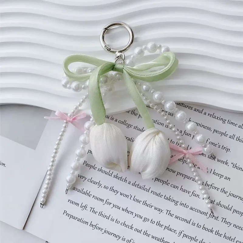 

ins Pearl tulip Bow Keychain - Bag Charm Chain for Women's Purse Hair Clip Gift